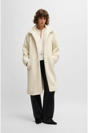 BOSS White Caylina Borg Teddy Longline Coat