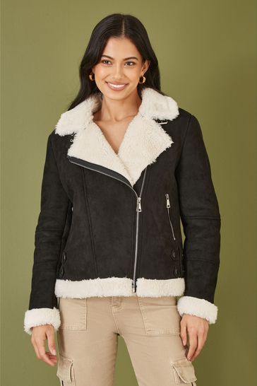 Buy Yumi Black Faux Suede And Shearling Biker Jacket from Next Bahrain