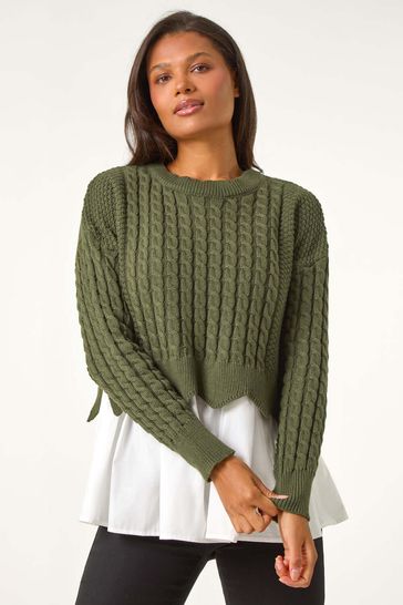 Roman Green 2 in 1 Contrast Cable Knit Jumper