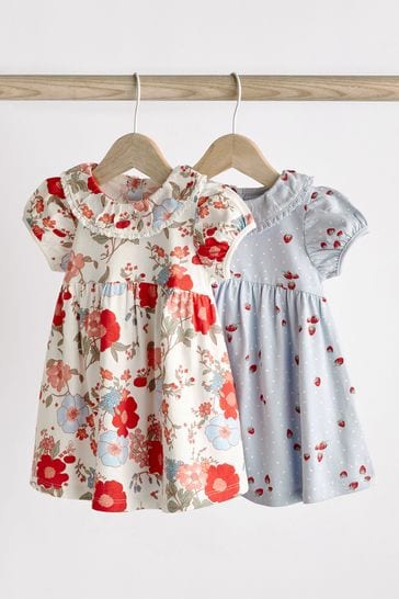 Blue/Red Floral Short Sleeves Baby Jersey Dress 2 Pack (0mths-2yrs)