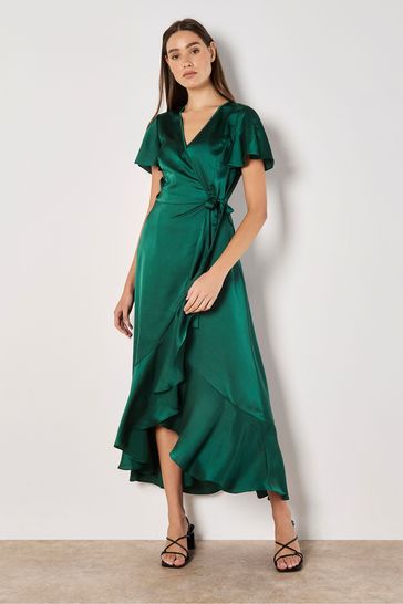 Satin ruffle wrap dress sales