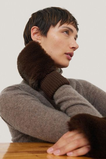 Jigsaw Brown Faux Fur Mittens