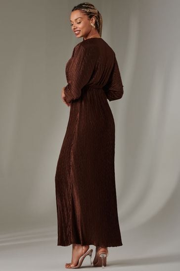 Jolie Moi Brown Ruffle Hem Chiffon Midi Dress