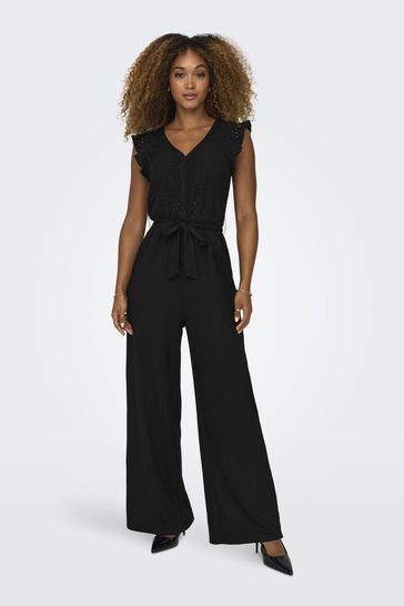 ONLY Black Broderie Top Frill Slevee Wide Leg Jumpsuit