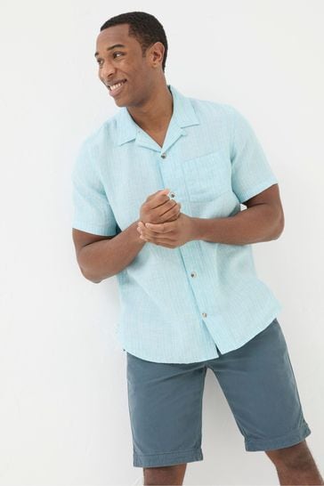 FatFace Blue Short Sleeve Stripe Linen Shirt