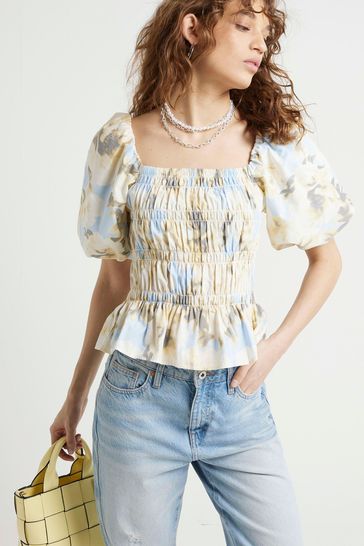 River Island Light Yellow Floral Shirred Top