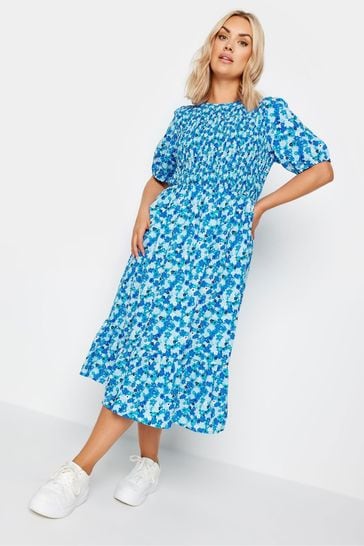 Yours Curve Blue Limited Collection Floral Print Shirred Midaxi Dress