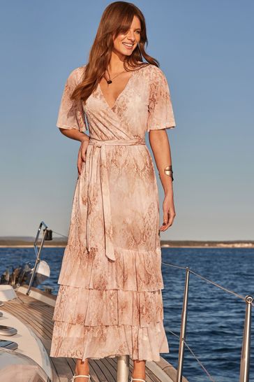 Womens Sosandar Beige Snake Print Tiered Hem Wrap Jersey Midi Dress