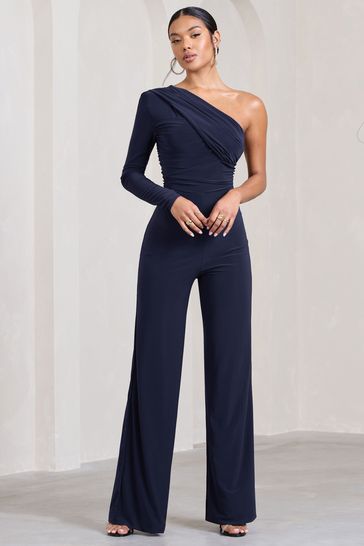 Club L London Navy Blue Mila One Shoulder Ruched Wide Leg Jumpsuit