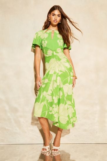 Lipsy Apple Green Floral Ruched Front Keyhole Cut Out Asymmetrical Midi Dress