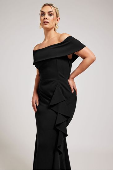 Buy Yours Curve Black London Ruffle Bardot Maxi Dress from Next Bahrain