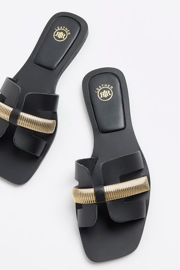 Buy River Island Black Wide Fit Cut Out Leather Sandals from Next Bahrain
