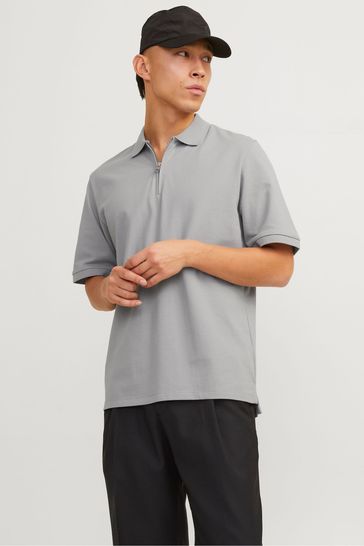 JACK & JONES Grey Textured Zip Up Polo Shirt