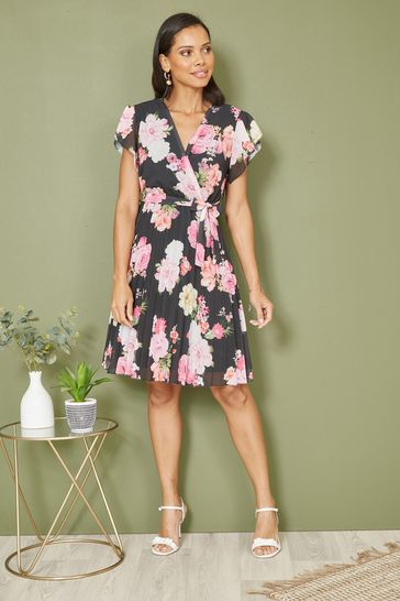 Buy Mela Black Floral Print Pleated Wrap Skater Dress from Next Bahrain