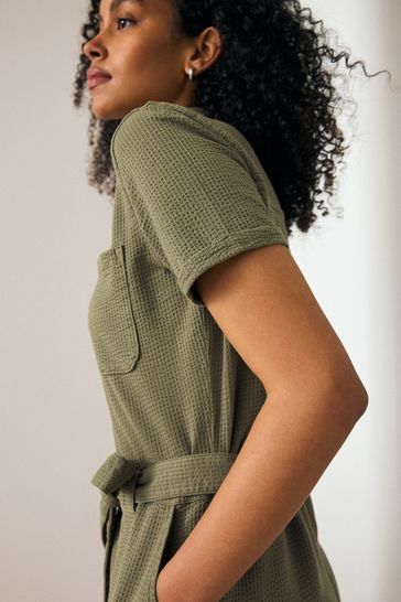 Khaki Green Seersucker Textured Jersey Button Front Belted Utility Shirt Dress