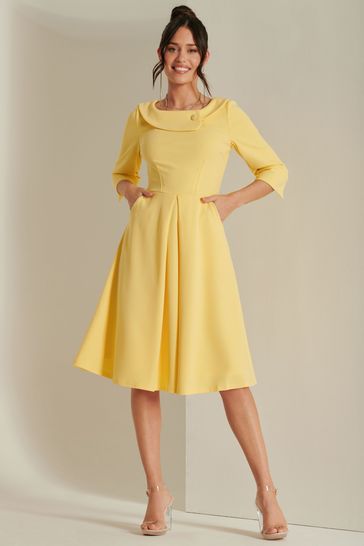 Jolie Moi Yellow 3/4 Sleeve Fold Neck Midi Dress