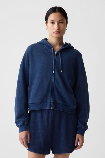 Buy Gap Blue Cotton Textured Zip Up Cropped Hoodie from Next Ireland