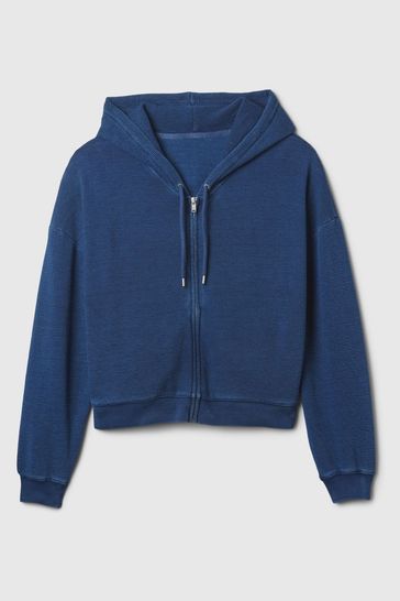 Buy Gap Blue Cotton Textured Zip Up Cropped Hoodie from Next Ireland