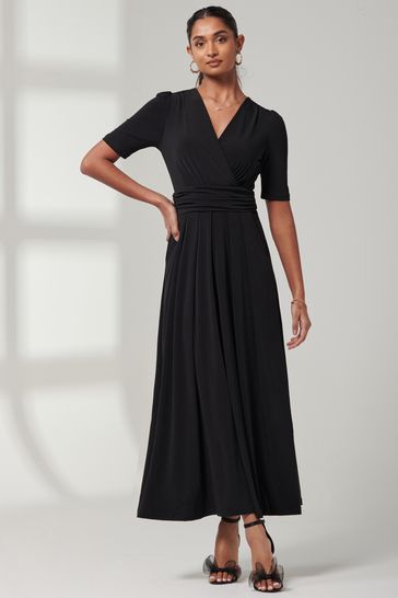 Jolie Moi Plain Jersey Wrap Front Maxi Black Dress