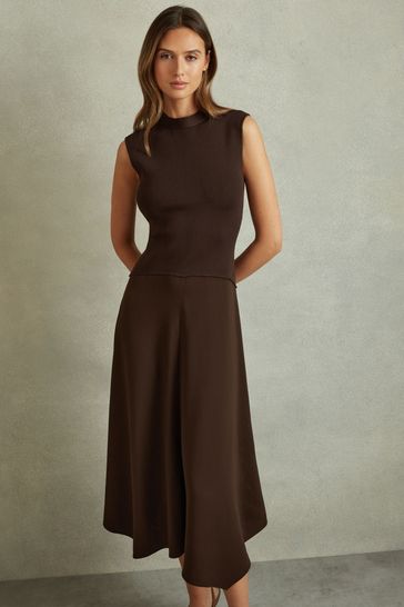 Reiss Chocolate Lani Hybrid Knit Tie Back Midi Dress