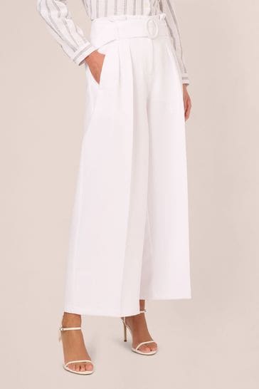 Adrianna Papell Solid Woven White Trousers With Belt