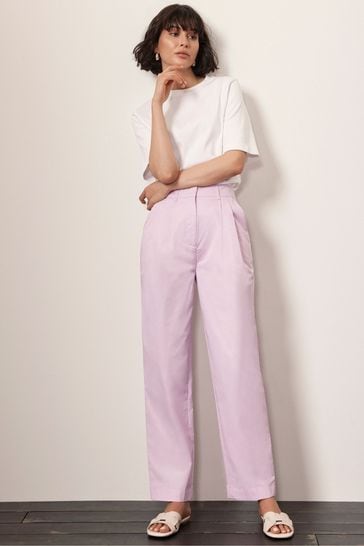 Mint Velvet Purple Lilac Cotton Tapered Pleated Trousers