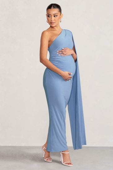 Club L London Blue Maternity Amaryllis One Shoulder Maxi Dress with Cape Sleeve