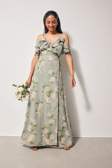 Anaya With Love Green Cold Shoulder Wrap Printed Maxi Bridesmaid Dress