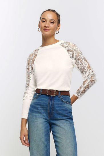 River Island Cream Lace Detailed Long Sleeve Top