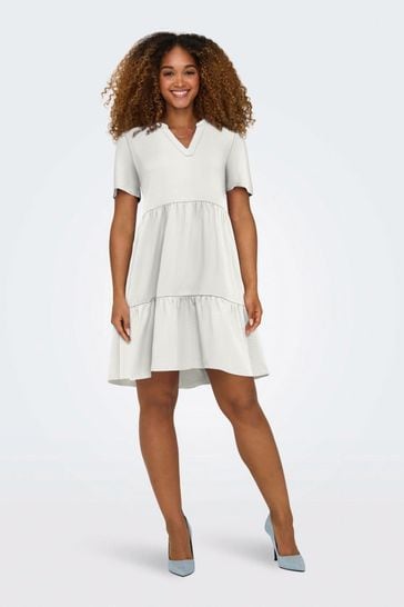ONLY White Linen Blend Tiered Smock Dress