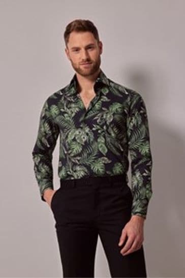 Hawes & Curtis Green Leaf Print Slim High Collar Shirt