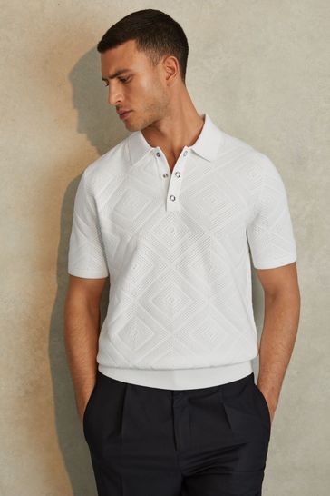 Reiss Optic White Lupton Cotton Textured Press-Stud Polo Shirt