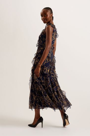 Buy Ted Baker Blue Rize Sleeveless Waterfall Ruffle Midi Dress from Next Kuwait