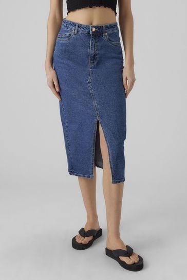 VERO MODA Mid Blue Denim Midi Skirt With Front Split