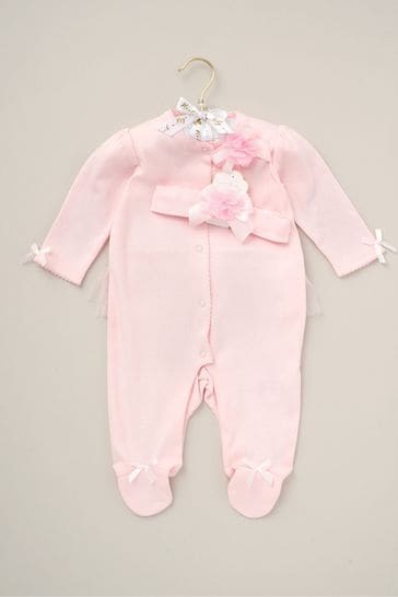 Rock-A-Bye Baby Boutique Pink All-In-One with Tulle Detail & Headband Outfit Set