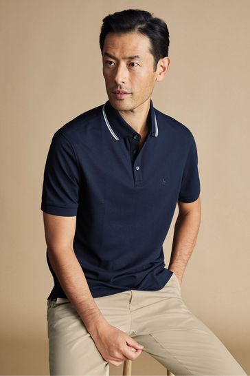 Charles Tyrwhitt Blue Short Sleeve Cotton Stretch Pique Polo T-Shirt with Tipping