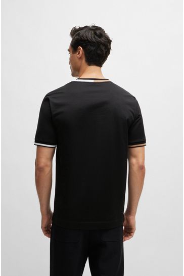 BOSS Black Mercerised-Cotton T-Shirt With Signature-Stripe Details