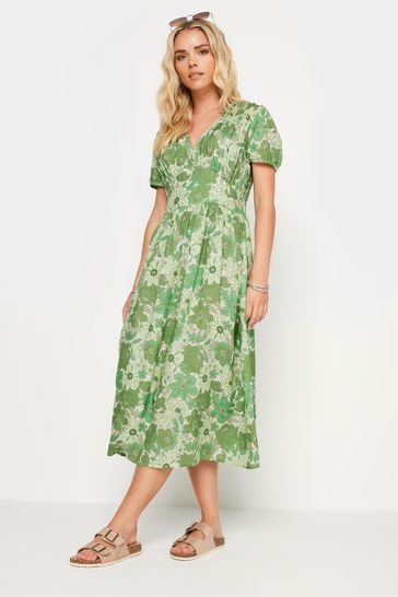 PixieGirl Petite Green Retro Floral Print Midi Dress