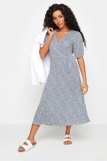M Co Blue Petite Floral Print Midi Wrap Dress