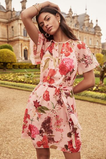 Buy Lipsy Floral Print Flutter Sleeve Hand Embellished Mini Shift Dress from Next Bahrain