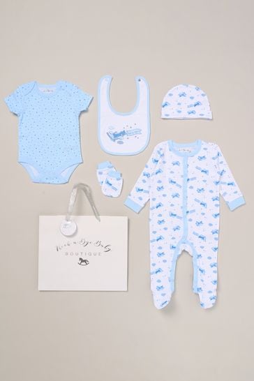 Rock-A-Bye Baby Boutique Blue Printed All in One Cotton 5-Piece Baby Gift Set