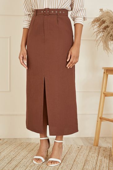Yumi Brown Cotton Midi Skirt With Belt And Split Hem