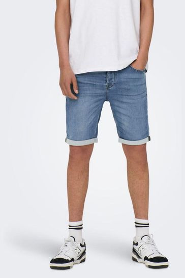 Only & Sons Blue Stretch Denim Shorts