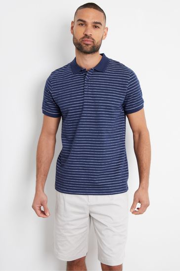 Threadbare Navy Blue Cotton Polo Shirt With Herringbone Detail Collar