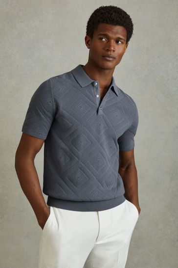 Reiss Airforce Blue Lupton Cotton Textured Press-Stud Polo Shirt