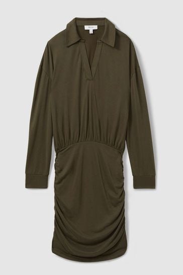 Buy Reiss Khaki Victoria Ruched Jersey Open Collar Mini Dress from Next Kuwait