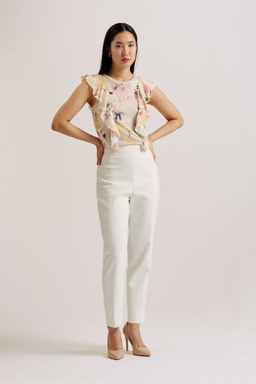 Ted Baker Frill Trim Floral Cotton Linen Off White Top