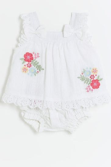 River Island White Baby Girls Smocked Embroidered Set