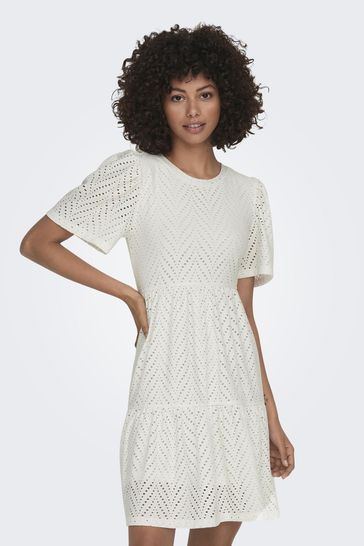 JDY White Textured Summer Short Sleeve Dress