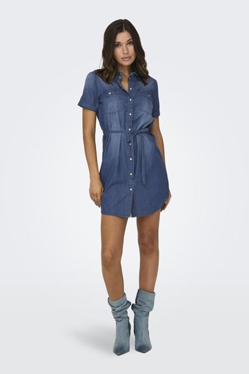 JDY Blue Short Sleeve Tie Waist Denim Dress